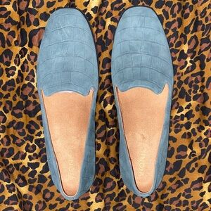 Vionic Willa 2.0 Teal Croc-Embossed Suede Slip-On Loafers